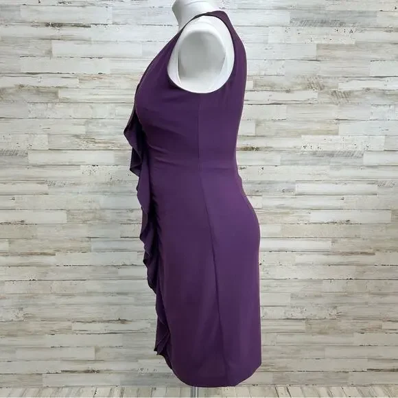 Elie Tahari Ruffle Wool Blend Sheath Dress Size 8 Purple Sleeveless Zip Front - Picture 5 of 14